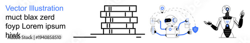 AI, robotics, data processing, automation, advanced technology, futuristic interfaces. Robot figures, symbols and data stacks. AI and robotics as central for technological innovation