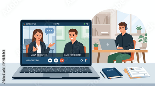 Virtual job interview scene with laptop and people in a modern office setting