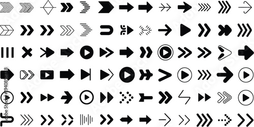 Large Collection of Black Arrow and Media Control Icons Designed in Modern Flat Style for Web Navigation, App Interfaces, Multimedia Playback, and Digital Interface Design
