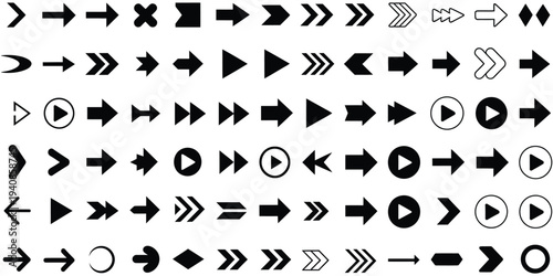 Large Collection of Black Arrow and Media Control Icons Designed in Modern Flat Style for Web Navigation, App Interfaces, Multimedia Playback, and Digital Interface Design