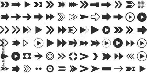 Large Collection of Black Arrow and Media Control Icons Designed in Modern Flat Style for Web Navigation, App Interfaces, Multimedia Playback, and Digital Interface Design