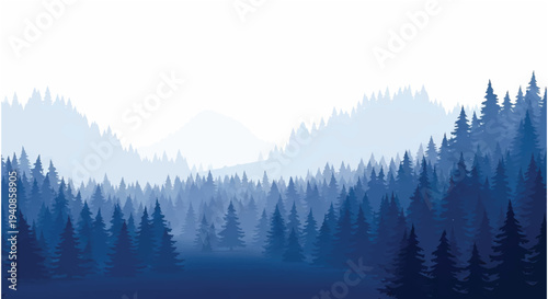 Misty Forest Landscape with Evergreen Trees.