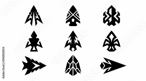Black geometric arrowhead symbol collection with sharp angular forms