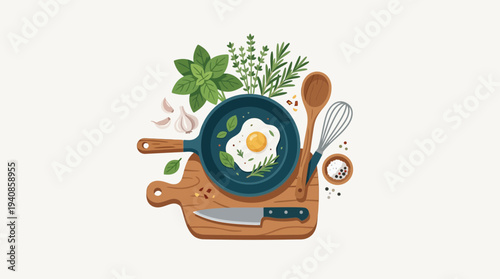 A delightful overhead view of a freshly cooked egg in a frying pan surrounded by fresh herbs, garlic, spices, and cooking utensils on a wooden cutting board.