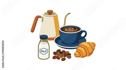 A morning coffee scene featuring a kettle, cup, milk, coffee beans, and a croissant, isolated on a transparent background