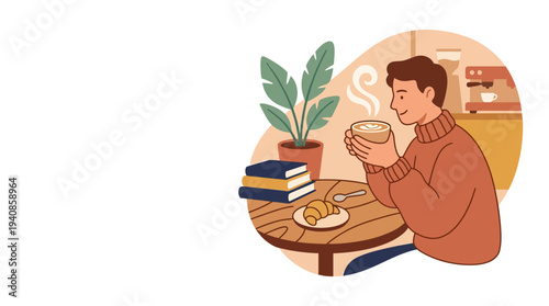 Man enjoying a warm coffee and croissant in a cozy cafe with books and a plant