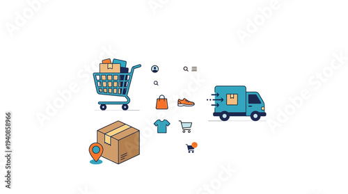 Online shopping and delivery service with shopping cart, package, and transport van