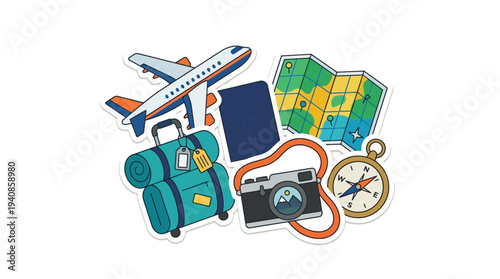An assortment of travel essentials including an airplane, luggage, passport, map, compass, and camera