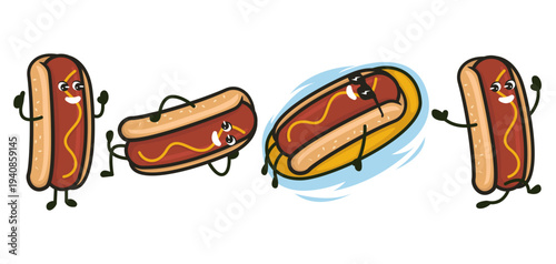 Set of cute hotdog mascot designs.