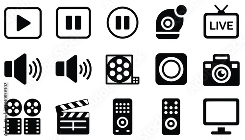 Media Control Icons Set Featuring Vector Buttons for Play, Pause, Record, Volume, Television Remote, and Clapperboard for Audio Video Interface and Multimedia Design