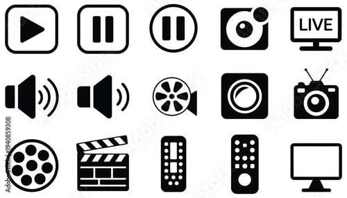 Media Control Icons Set Featuring Vector Buttons for Play, Pause, Record, Volume, Television Remote, and Clapperboard for Audio Video Interface and Multimedia Design