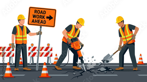Construction roadwork illustration with jackhammer crew cones and caution sign