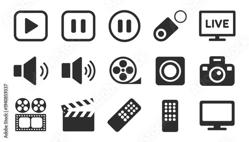Media Control Icons Set Featuring Vector Buttons for Play, Pause, Record, Volume, Television Remote, and Clapperboard for Audio Video Interface and Multimedia Design