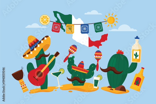 Mexican culture elements and traditional Cinco de Mayo holiday elements in Mexico infographic poster with cactuses in sombrero playing guitar and maracas, holding tequila cartoon vector illustration
