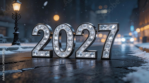 Exquisite, luxurious 3D numbers spelling '2027' crafted entirely from brilliant, cut diamonds set in dark metal, resting centrally on a slick, wet asphalt street. Happy New Year, New Year