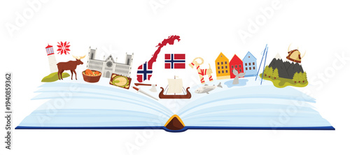 Norway culture elements and nature mountain and fjord landscape, Norwegian landmarks and language study in infographic book collage with traditional food, buildings cartoon vector illustration