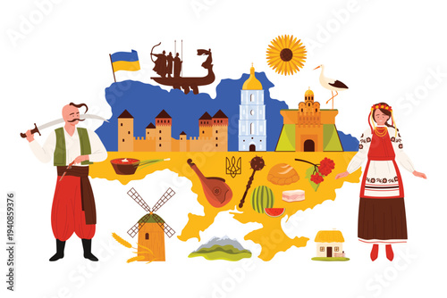 Travel to Ukraine, infographic map presentation with Cossack and cute Ukrainian woman in flower wreath, elements of culture and landmarks of Kyiv, bandura and borsch cartoon vector illustration