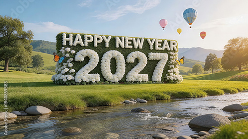 In the center, a large, topiary hedge has been sculpted and filled entirely with dense, fresh white blooming flowers (like dahlias or mums) to spell out 'HAPPY NEW YEAR' stacked above '2027'. 