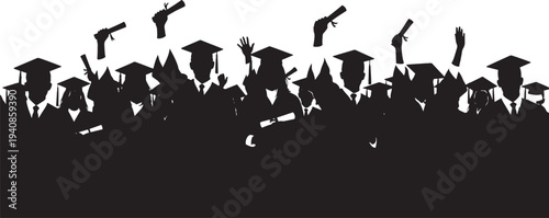Crowd of Graduates Silhouettes Cheering and Celebrating - Commencement Ceremony Success and Group Academic Achievement