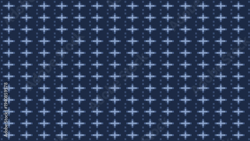 Seamless vector pattern with light blue four-pointed star shapes and dots on a dark blue background, ideal for digital papers, fabric, web design, and branding