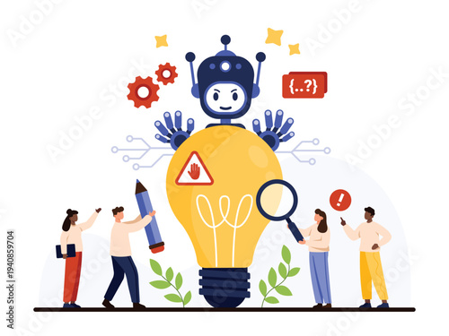 Risk of AI negative decision, ethics and law. Tiny people holding magnifying glass and pencil to analyze artificial intelligence idea, evil robot holding light bulb cartoon vector illustration