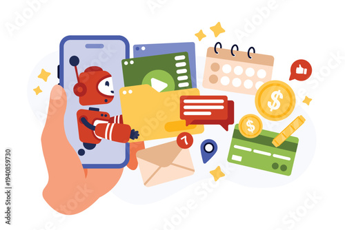 Online library with AI chatbot, virtual assistant for study and entertainment. Hand holding smartphone with cute robot on screen giving folder with media files, emails cartoon vector illustration