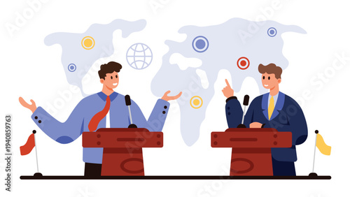 Debates, meeting of international leaders at world map. Politicians, diplomats and speakers at podiums with microphones and flags talk pointing to points of conflict cartoon vector illustration