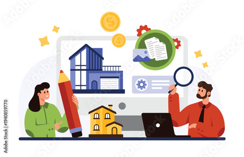 Residential modern house design by team of designers, project development. Tiny people with pencil and magnifying glass work on building model of new villa with garage cartoon vector illustration