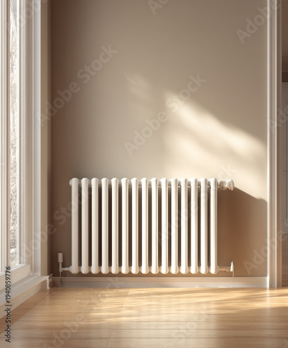 A modern white home radiator mounted on a wall