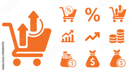 Set of 8 Finance and Shopping Icons Vector Featuring Money, Wallet, Cart, Credit Card, Bank, Payment, Sale, and Coins Isolated on White Background