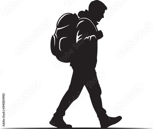 Silhouette of a Male Backpacker Walking Solo, Symbolizing Adventure, Hiking, Exploration, and the Spirit of Outdoor Travel on a White Background
