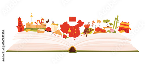 Culture elements and famous architecture of China, Chinese language study in infographic collage. Open big book and sightseeing places for tourists, map and flag, temples cartoon vector illustration