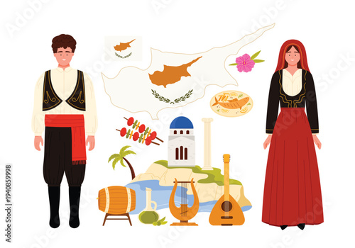Travel to Cyprus infographic poster collage with Cypriot people in traditional dress and food, culture elements and nature and Greek ancient attractions for tourist cartoon vector illustration