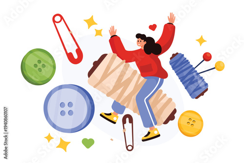 Vector illustration of a joyful woman surrounded by sewing elements like thread, buttons, and safety pins, symbolizing the creativity and passion for sewing and tailoring.