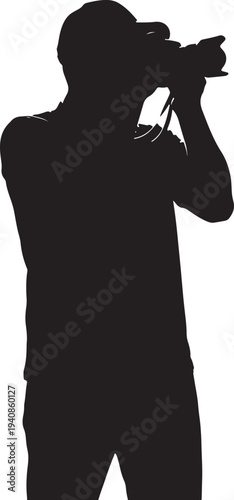 Black Silhouette of a Professional Photographer Holding a DSLR Camera and Taking a Picture, Isolated on White for Photography Concepts and Media Projects
