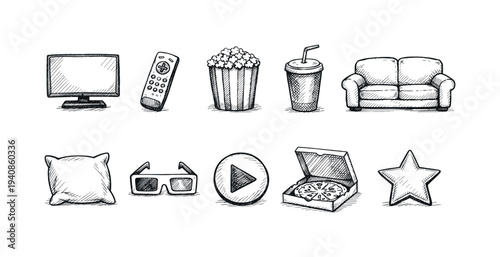 Home entertainment icon set featuring sketched style movie, tv, and snack illustrations