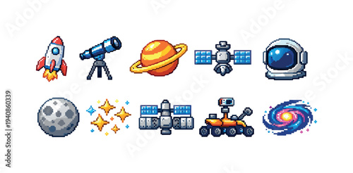 Space adventure flat icon set. astronomy, planets, rockets, and spacecraft icons collection