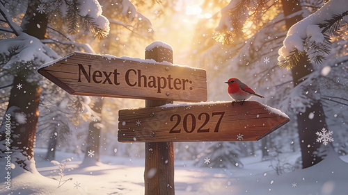 Wooden directional signpost standing in a snowy winter forest, top arrow reads Next Chapter, bottom arrow reads 2027. Happy New Year, New Year