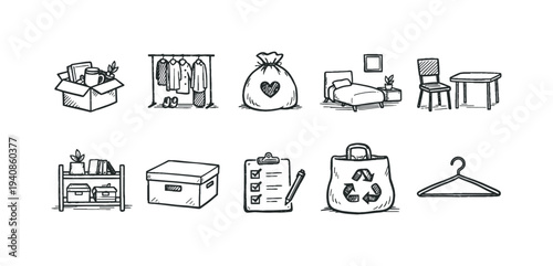 Decluttering and organization outline icon set. minimalist storage and tidying icons