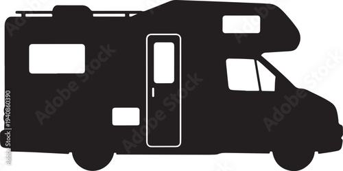 Black Silhouette of a Modern Recreational Vehicle or Motorhome, Perfect for Camping, Van Life, Family Road Trips, and Outdoor Vacation Content
