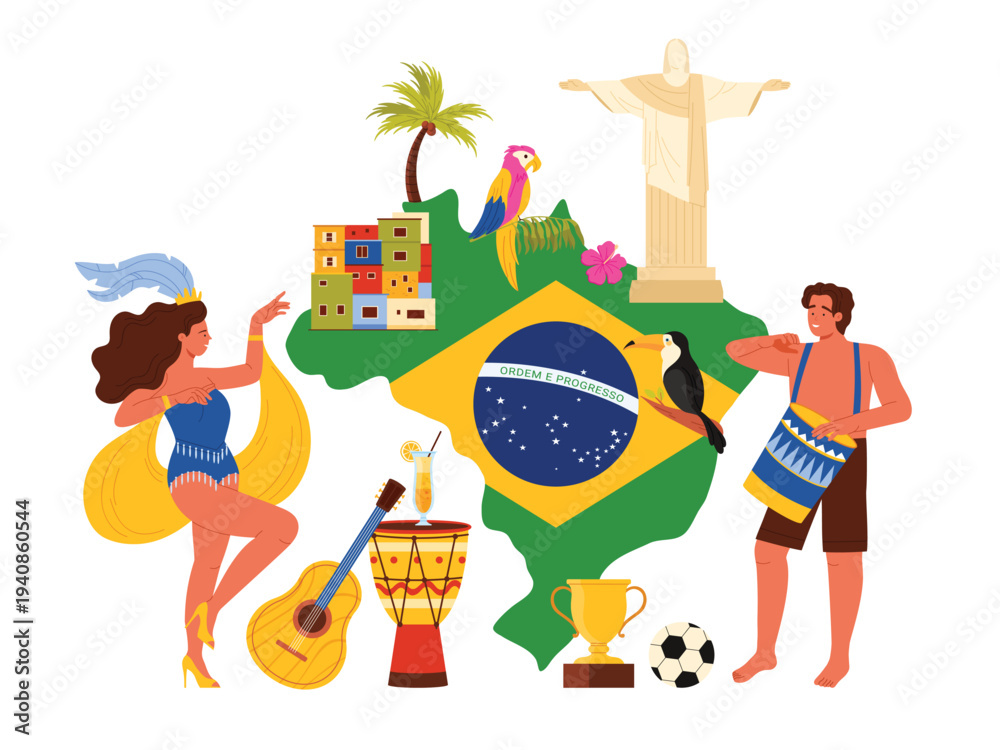 Naklejka premium Travel to Brazil, infographic poster collage with country map and flag, man with drum and woman samba dancer on Brazilian carnival, statue of Jesus and old building, parrot cartoon vector illustration