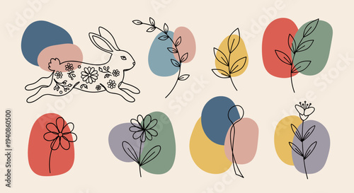 A whimsical illustration featuring a rabbit among colorful leaves and flowers in a minimalist style