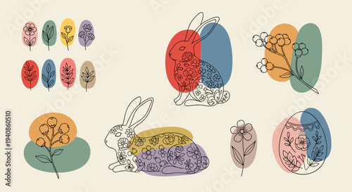 A whimsical illustration featuring a rabbit among floral elements in a modern, minimalist style, perfect for design projects
