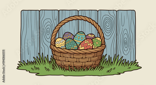 A colorful basket filled with decorated Easter eggs, set against a rustic wooden fence, in a playful, hand-drawn style