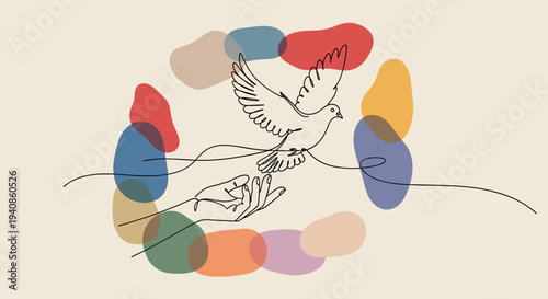 A minimalist line art illustration of a hand releasing a dove, surrounded by colorful abstract shapes