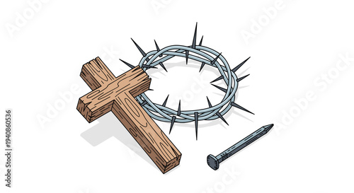 Illustration of a wooden cross, a crown of thorns, and a nail in a modern, flat style, symbolizing sacrifice