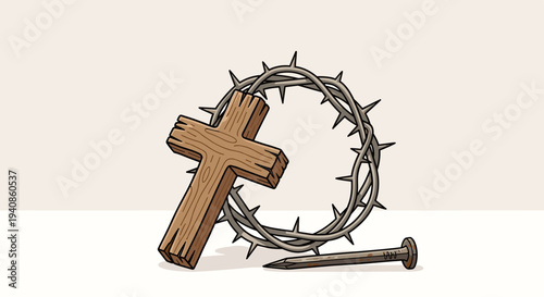 A wooden cross surrounded by a thorny crown and a nail, illustrated in a minimalist style, suitable for religious themes