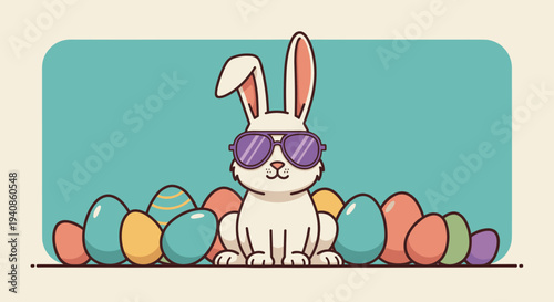 A cool rabbit wearing sunglasses sits among colorful Easter eggs in a flat design style