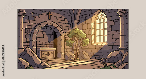 A serene illustration of a sunlit stone chapel interior featuring a tree, with a warm, modern cartoon style