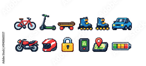 Transportation and outdoor pixel art icon set. flat vehicle and sport icons collection